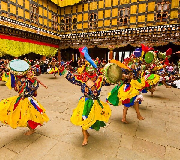 Dance of the Drum from Dramitse, Paro Tsechu (festival), Paro Dzong, Paro, Bhutan